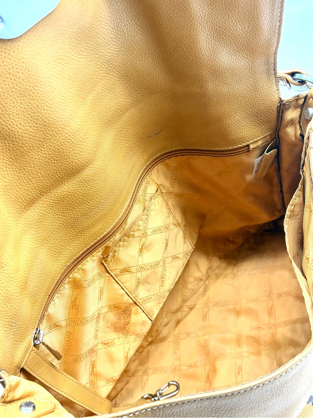 LONGCHAMP 2 Way Balzane Mustard Tan Leather Turn-Lock Shoulder Crossbody Bag Med - Picture 9 of 11